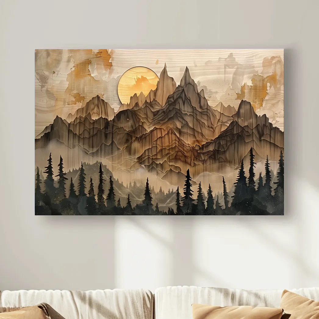 Mountain and forest artwork, rustic peeled paint on wood effect