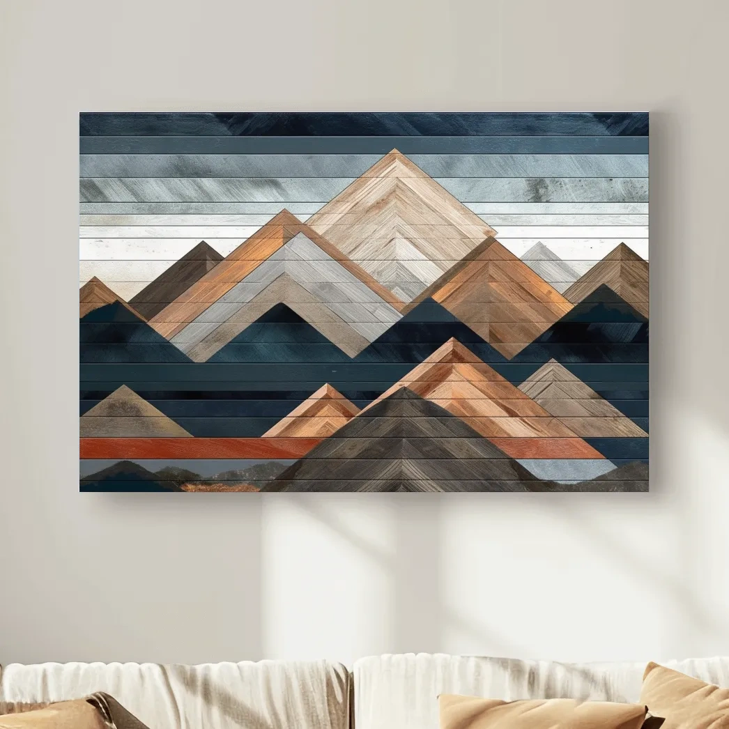 Geometric Woodgrain Mountain Peaks - Modern Abstract Landscape Wall Art