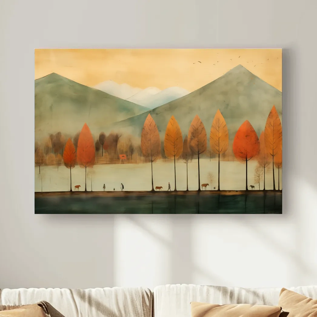 Textured painting of characters on a treelined lake in fall