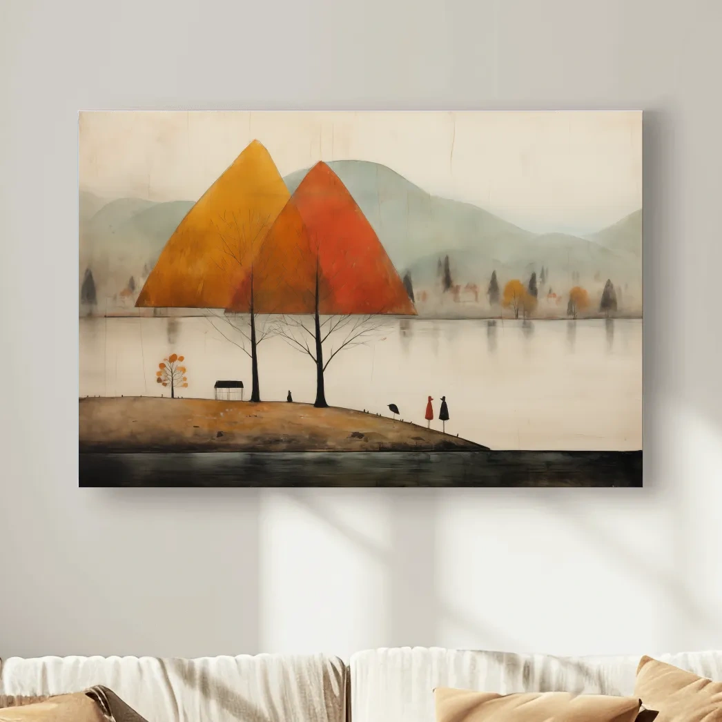 Autumn Mountains Over Misty Lakeside - Quirky Landscape Artwork