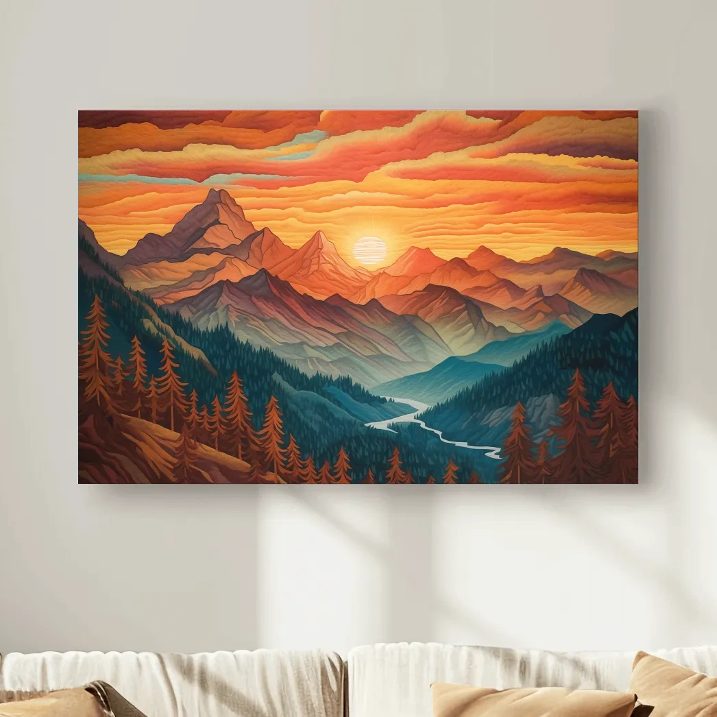 Vibrant Sunset Mountain Range Illustration - Layered Alpine Landscape Wall Art
