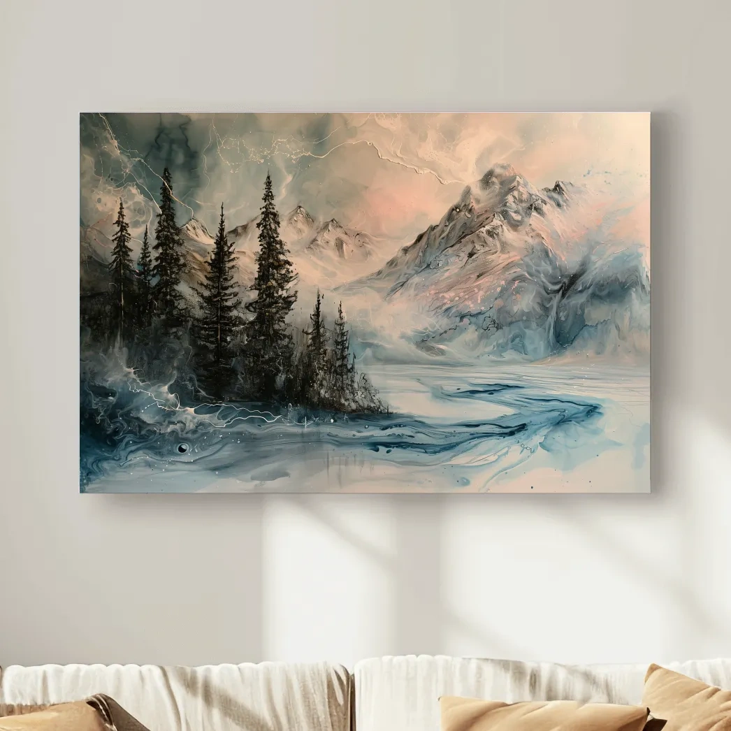 Abstract mountain painting artwork, treelined lake beneath a glacier