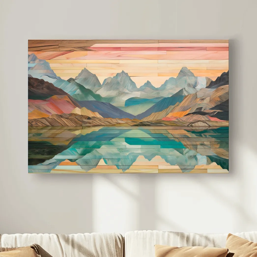 Wooden panel style alpine lake and mountain artwork