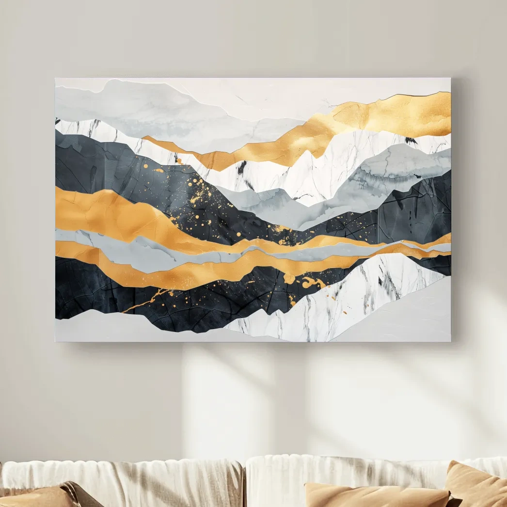 Abstract layered mixed media artwork, elegant mountain ridgelines, large format wall art