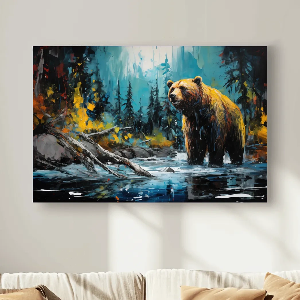 Colourful painting of a grizzly bear in the river