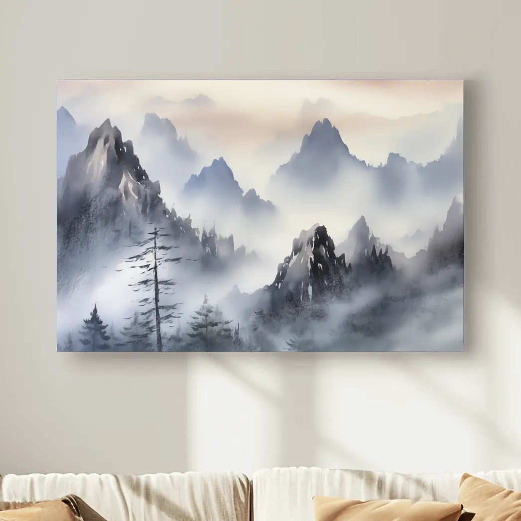 Chinese traditional ink wash style watercolour painting of foggy mountains