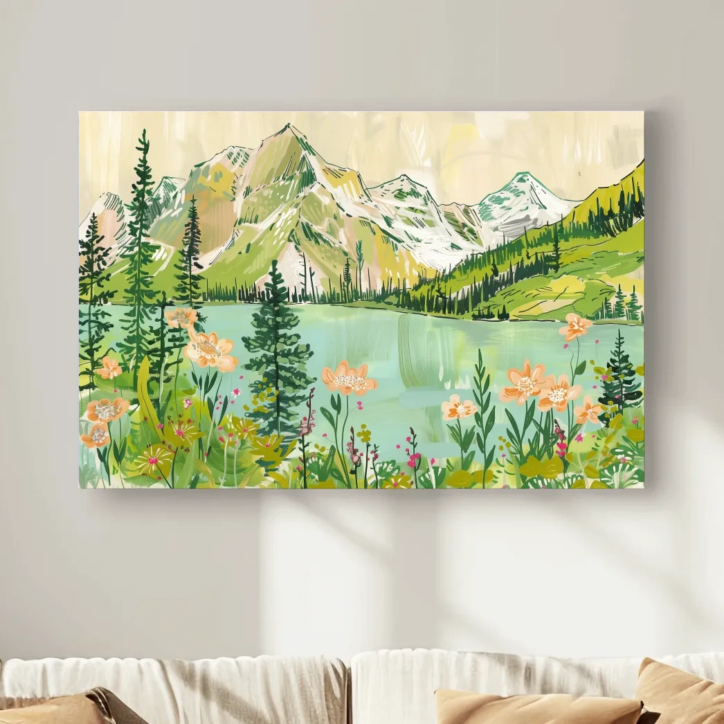 Alpine lake and mountains artwork, stylized painting style