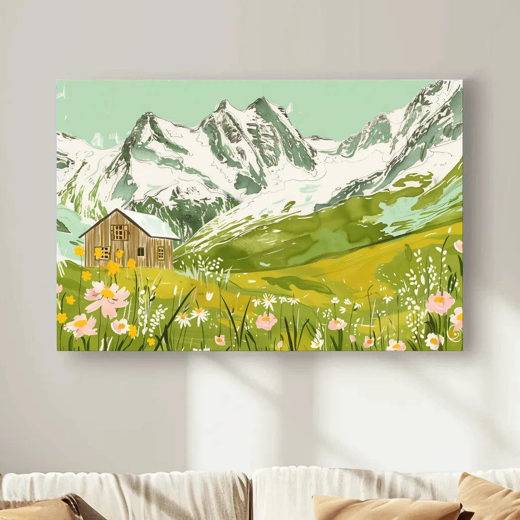 Alpine cabin artwork, flowers and glacier, stylized sketch painting style
