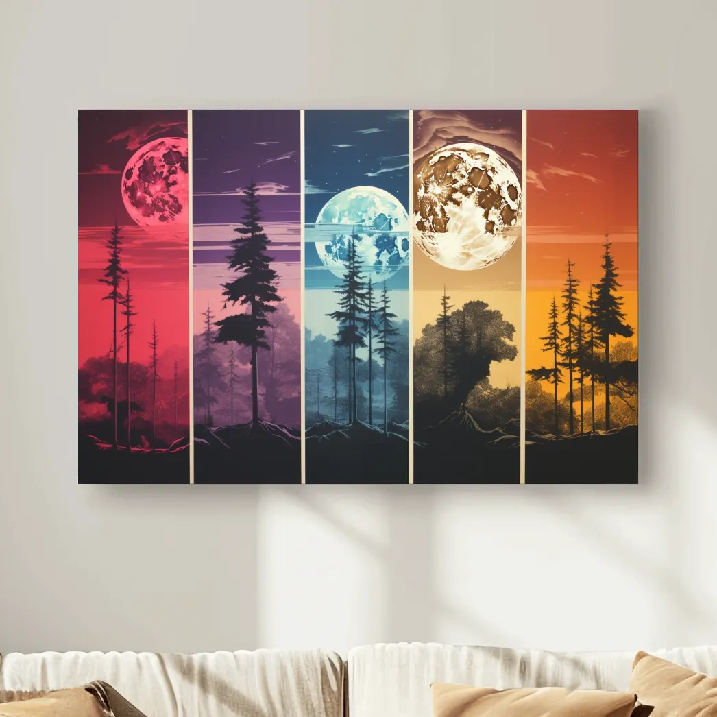Multipanel colorful treeline under the moonlit sky, risograph style artwork