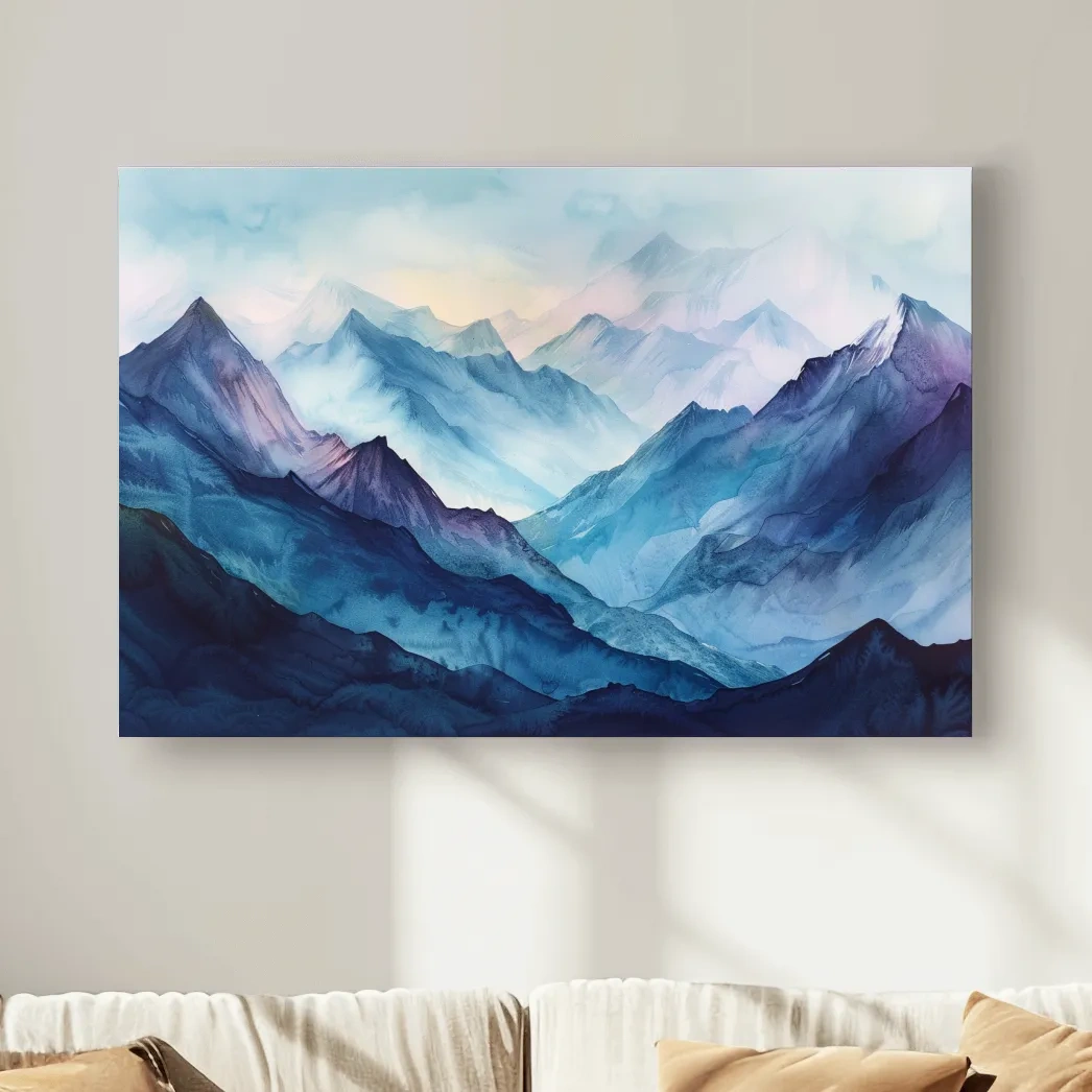 Misty Blue Watercolor Mountain Range Artwork - Serene Colourful Landscape Wall Art