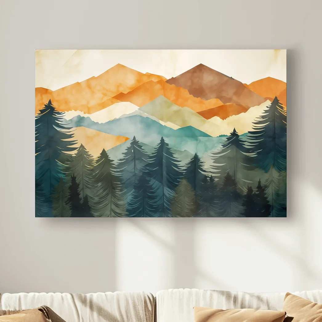 Abstract watercolor painting, mountains and forest