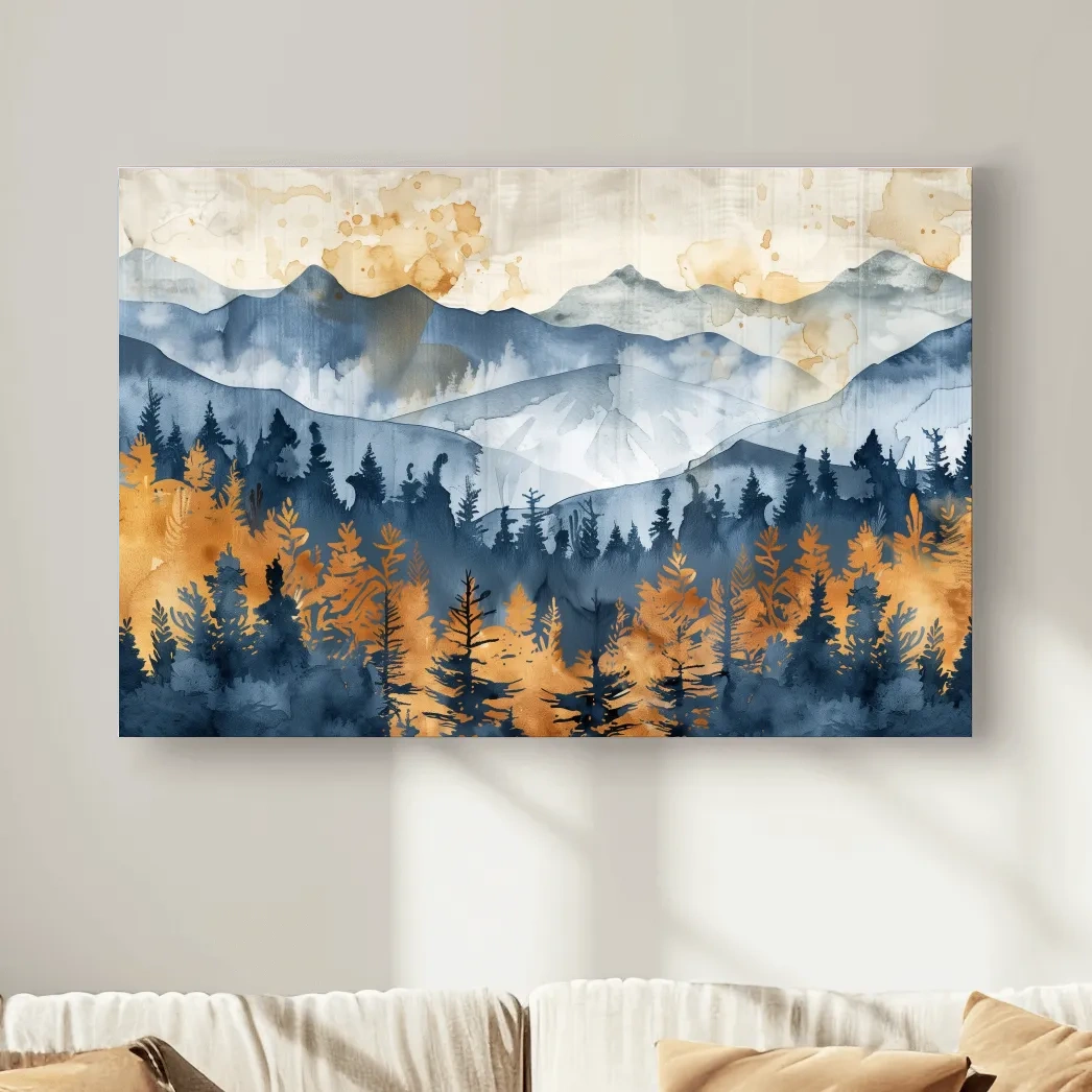 Abstract textured mountain and forest watercolour painting artwork, large format