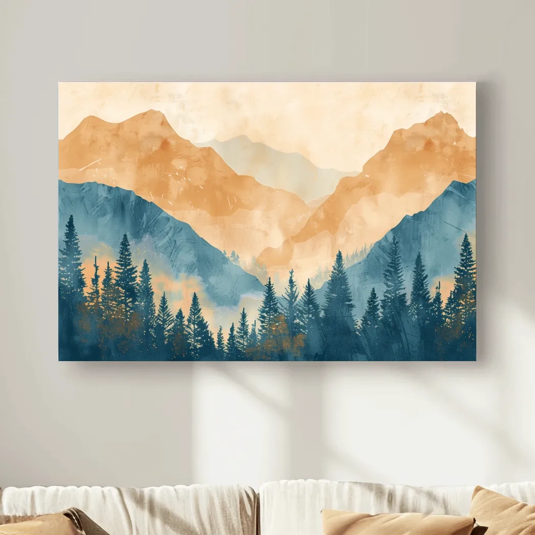 Watercolour painting, foggy treeline in the mountains, textured art style
