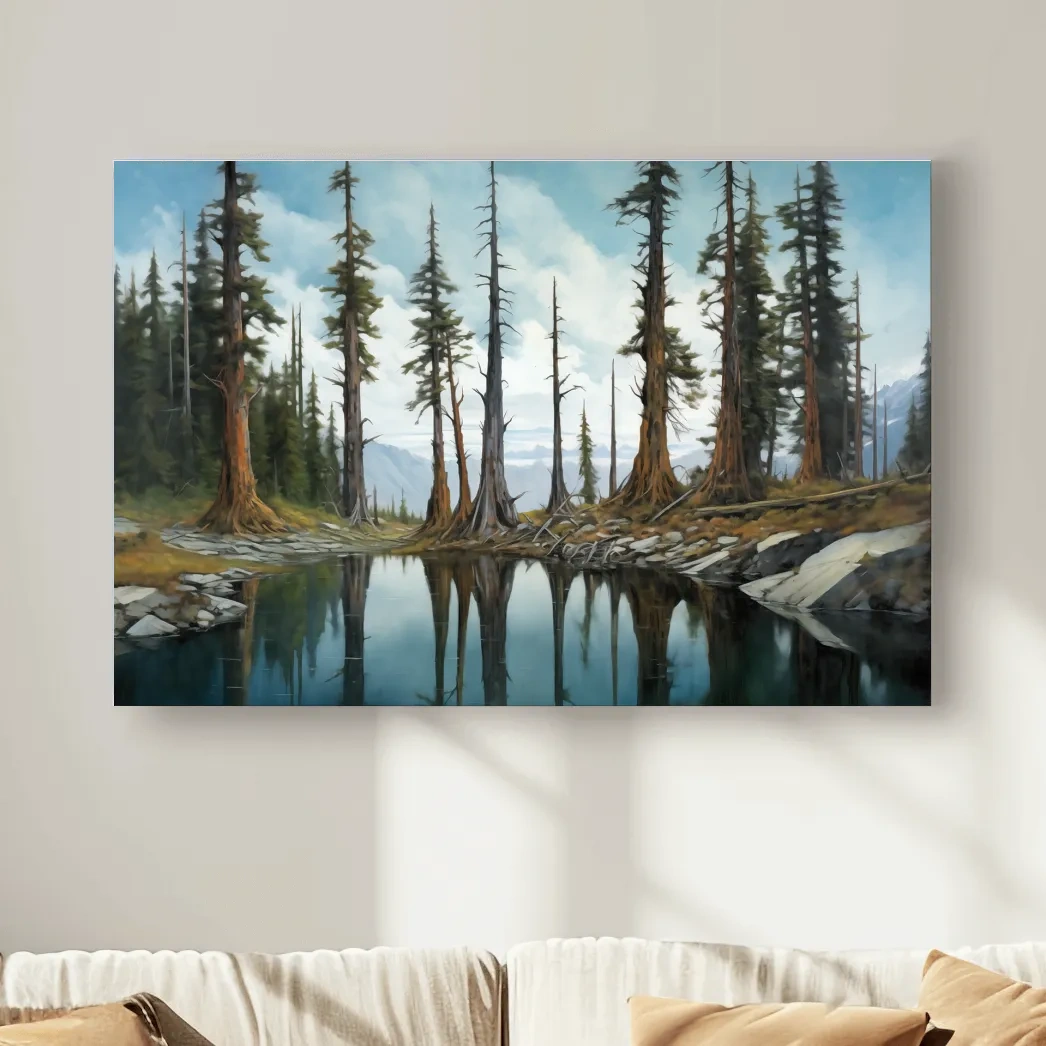 Painting of a line of trees beside a lake and mountains, forest artwork