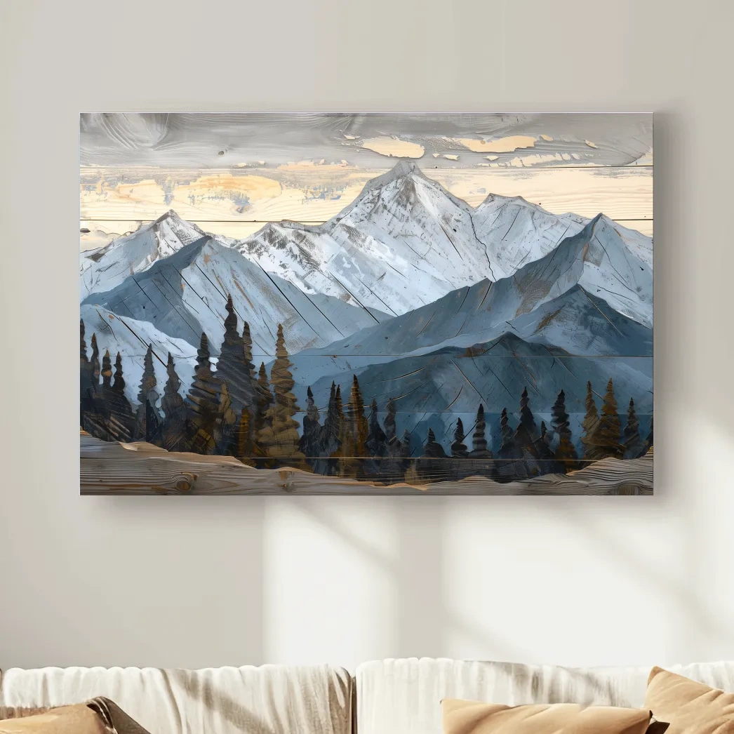 Alpine Forest Mountain Range Artwork - Rustic Woodgrain Landscape Wall Art
