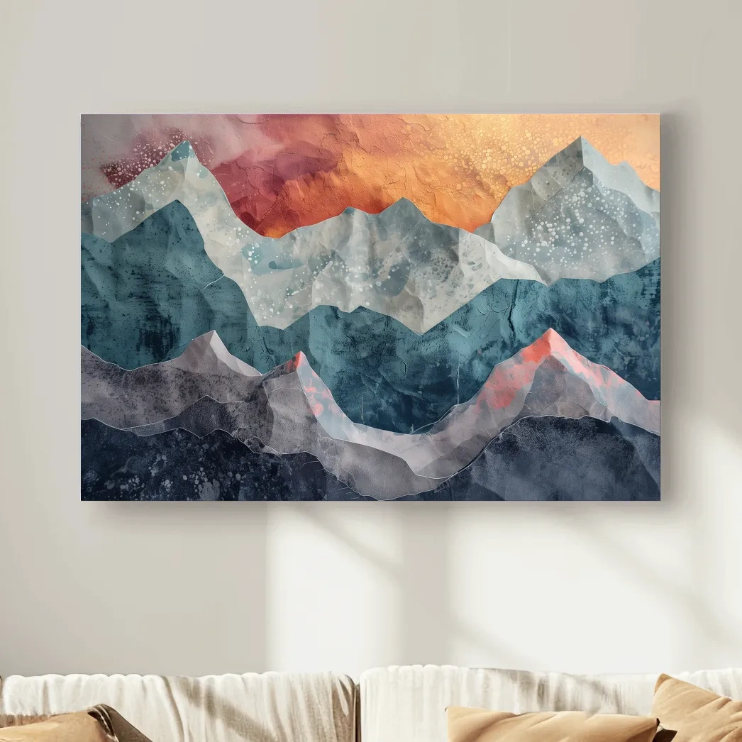 Layered Abstract Mountain Range Sunset - Modern 3D Mixed Media Landscape Wall Art