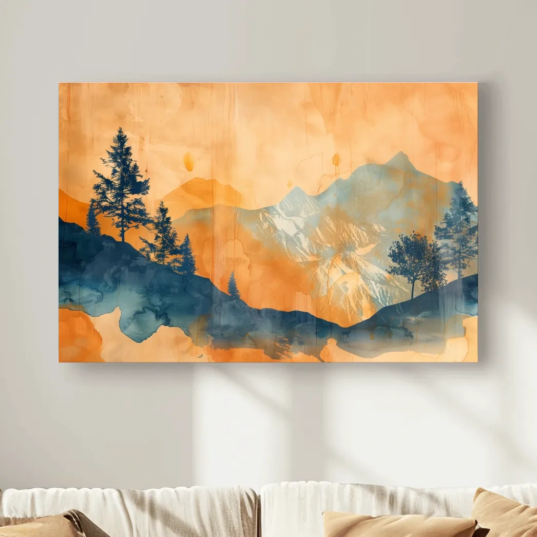 Abstract watercolor painting wall art, trees, mountains and glacier