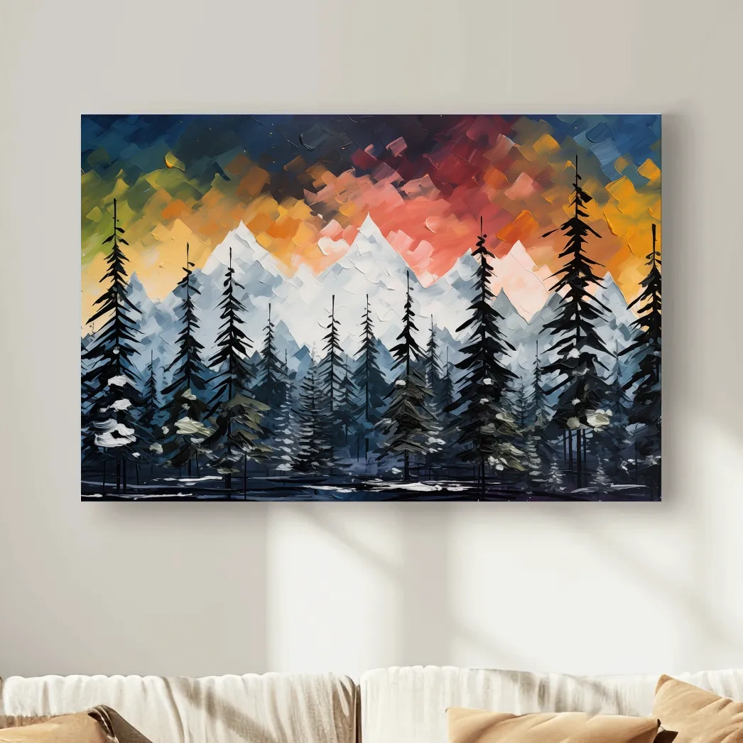 Moody Alpine Mountain Sunset With Pine Forest - Textured Palette Knife Painting Style Landscape Art
