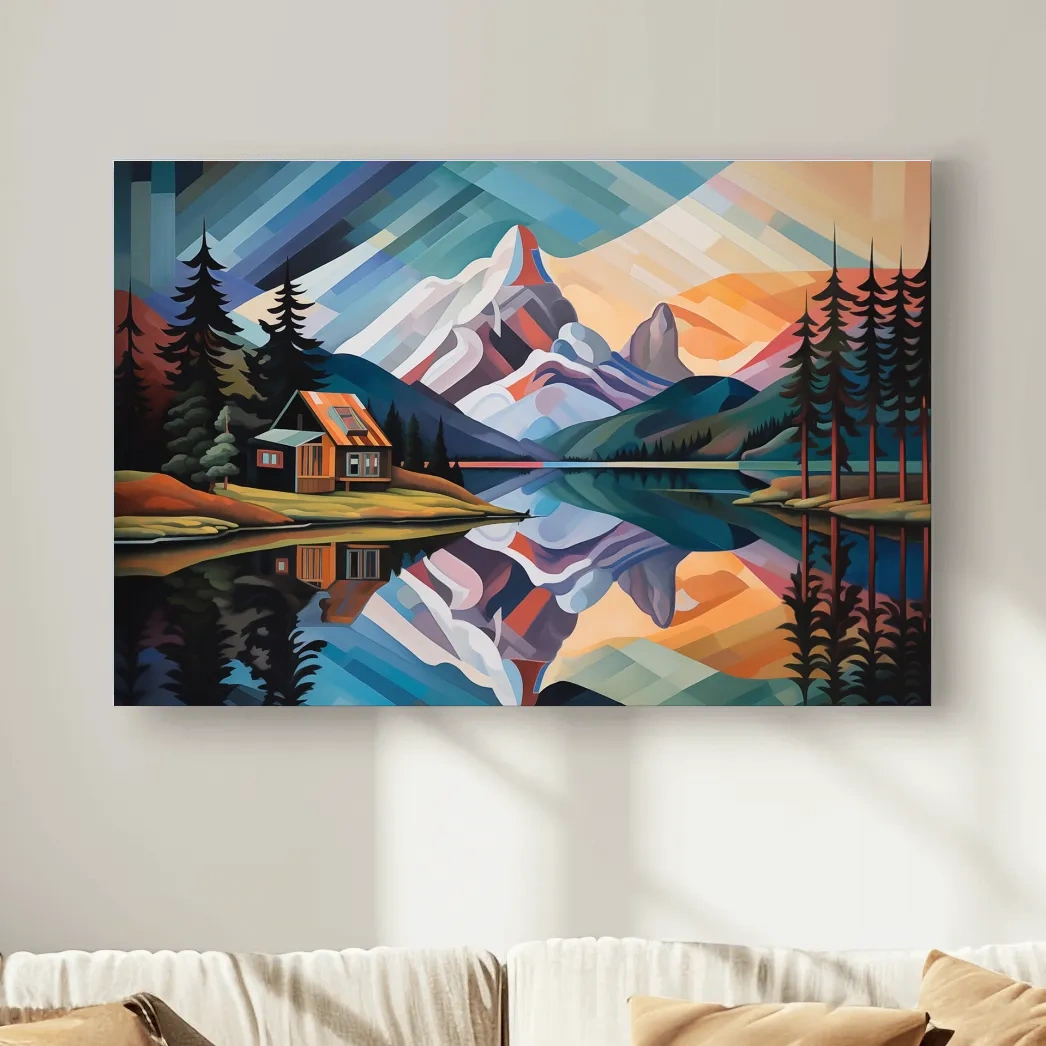 Abstract oil painting of a cabin by a lake at sunset