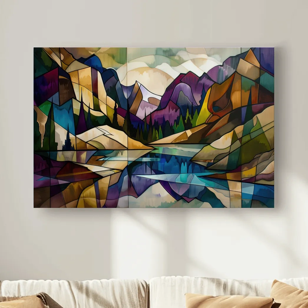 Abstract Stained Glass Mountain Lake Landscape - Colorful Geometric Alpine Wall Art
