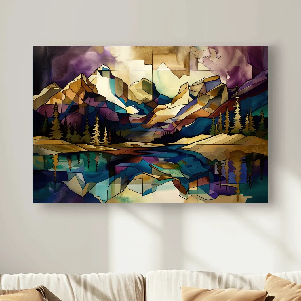 Geometric Stained Glass Mountain Lake Reflection - Colorful Abstract Landscape Artwork