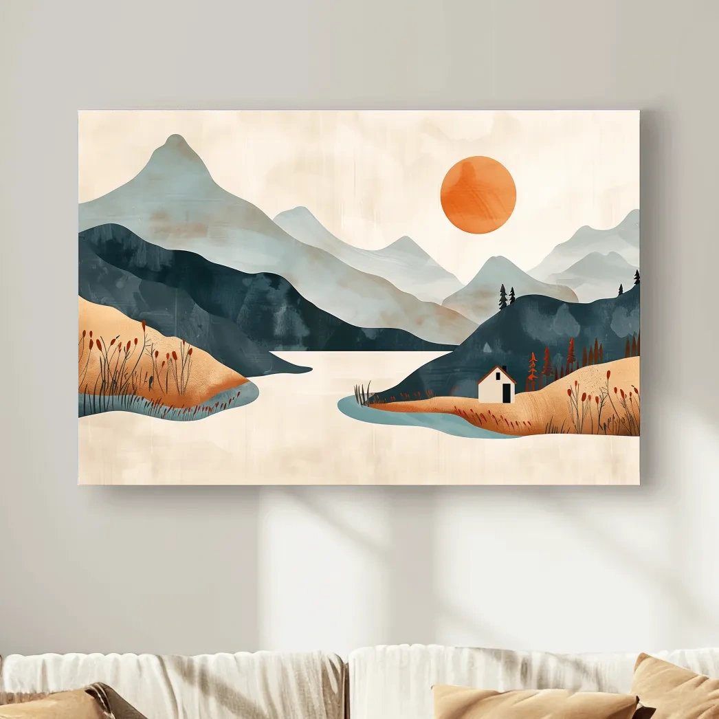Storybook lakehouse landscape scene, mountain sunset minimalist style illustration artwork