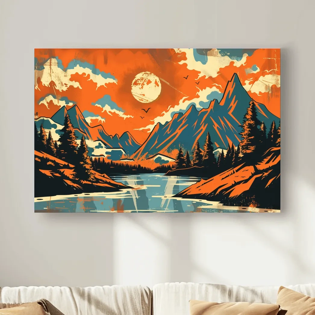 Alpine mountain illustration artwork, vector retro poster style