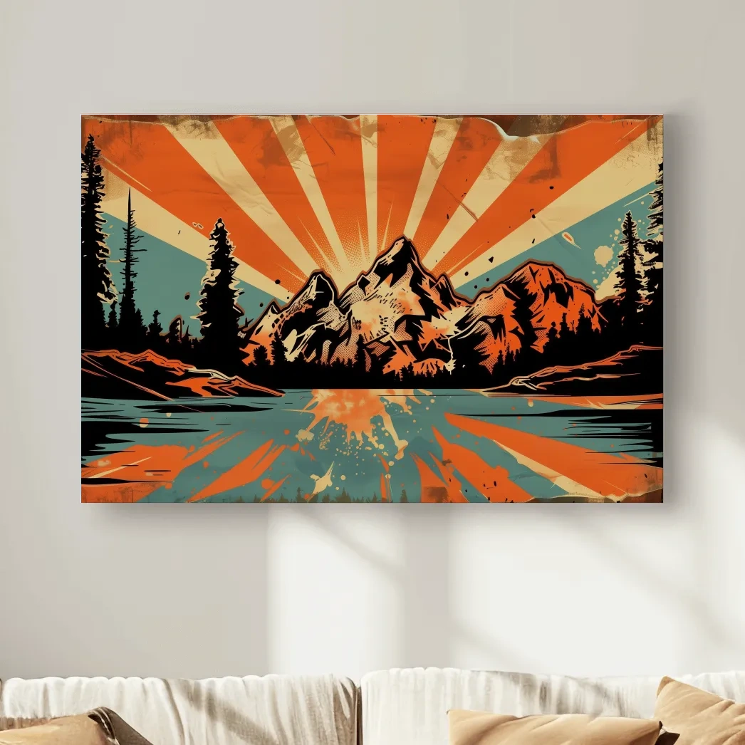 Retro comic book style halftone mountain wall art, sunrise rays from behind a glacier and alpine lake,