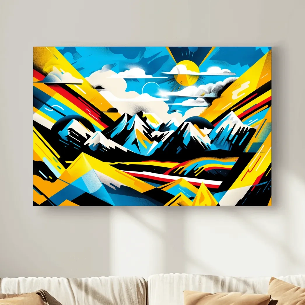 Vibrant Colorful Mountain Sunrise Illustration - Graffiti Style Landscape Wall Art