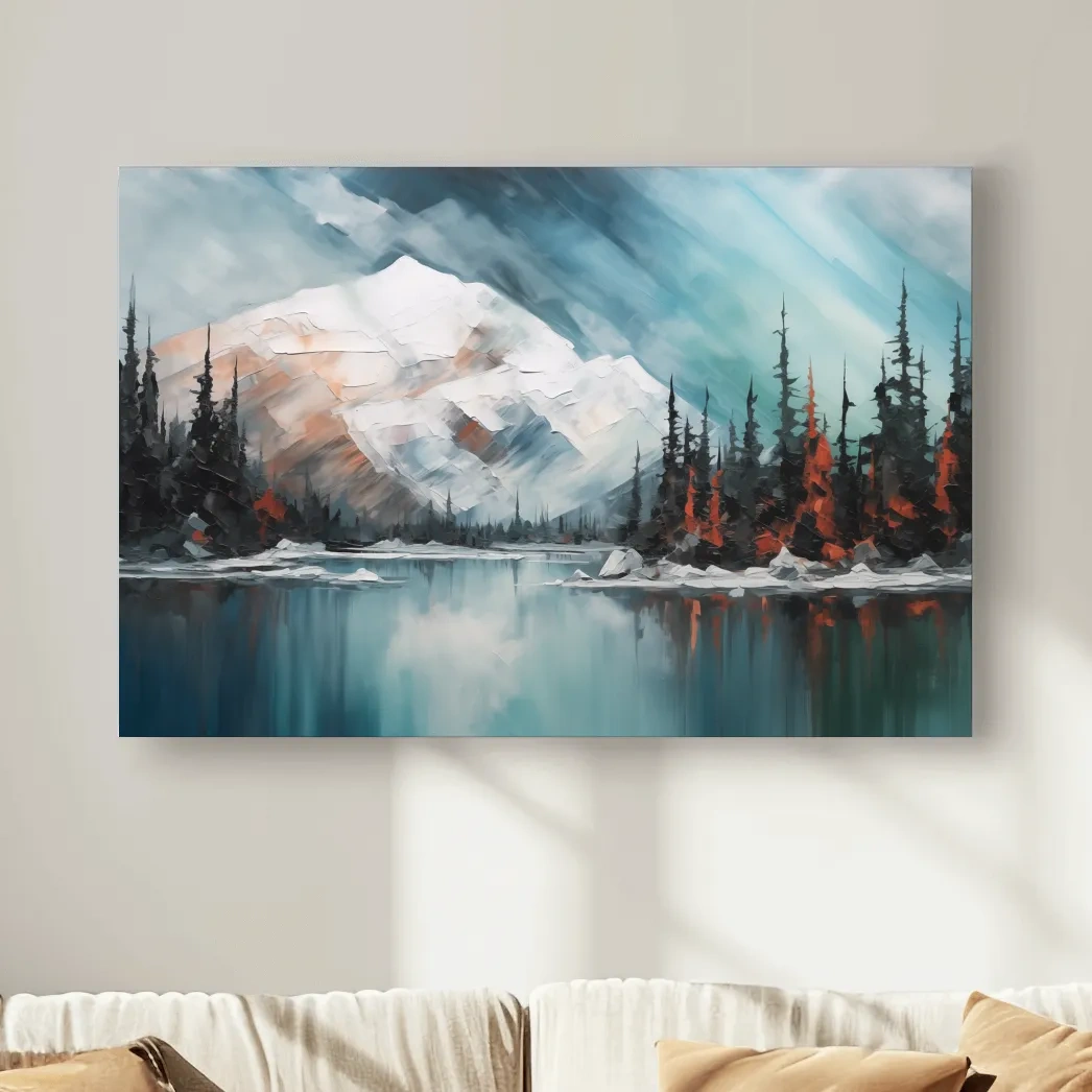 Alpine Glacier Lake Impasto Style Painting - Textured Forest Wall Art