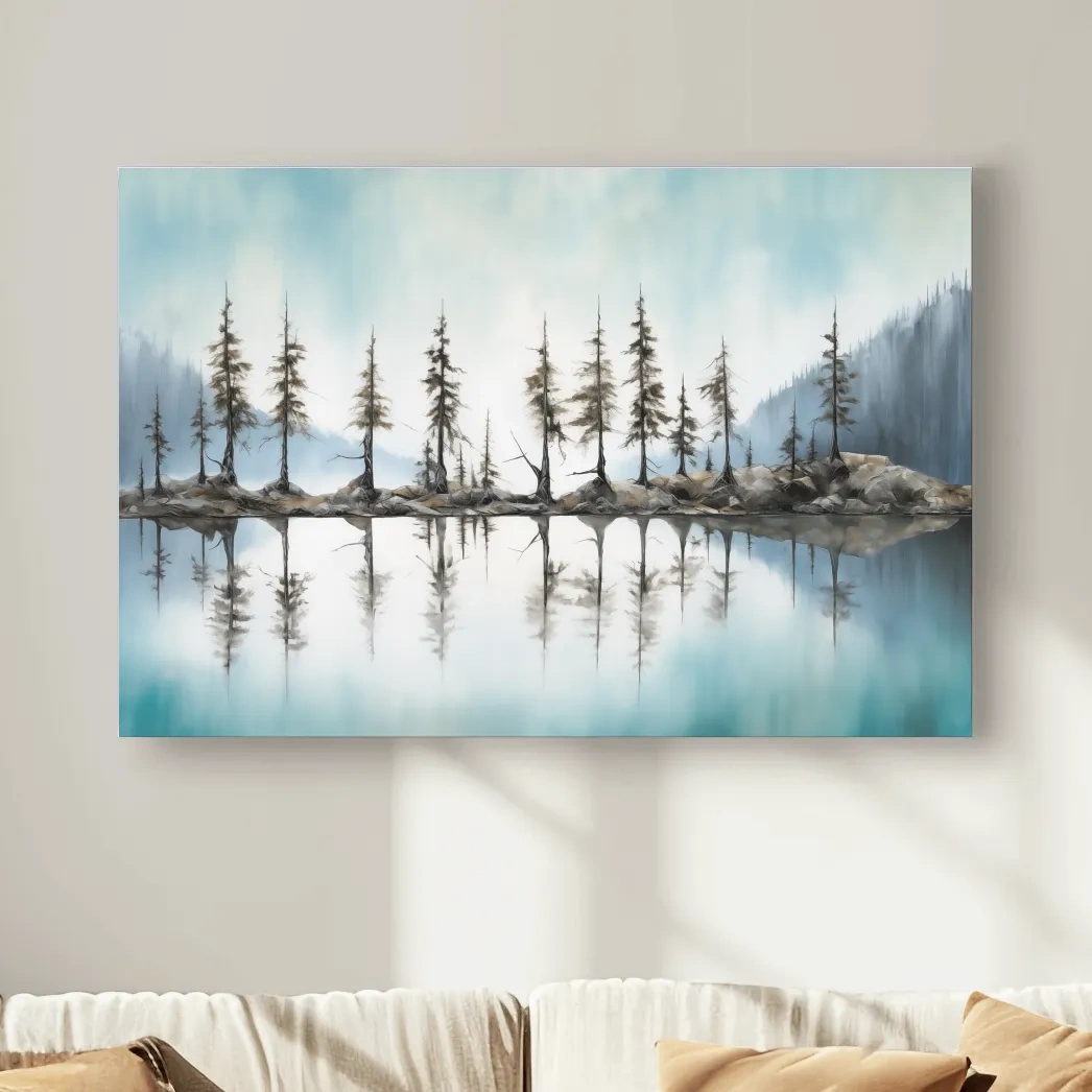 Painting of alpine trees lining a torqouise lake, Pacific Northwest artwork