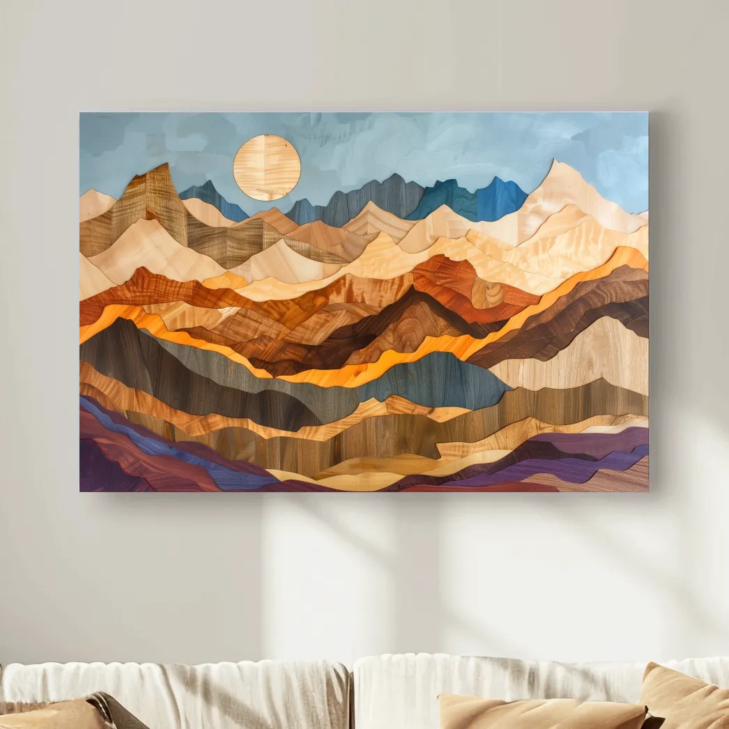 Colorful mountain patterns, 3d layered effect wood intarsia style canvas art