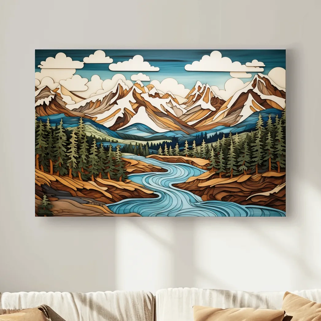 Intarsia style artwork of a mountain, river and forest landscape
