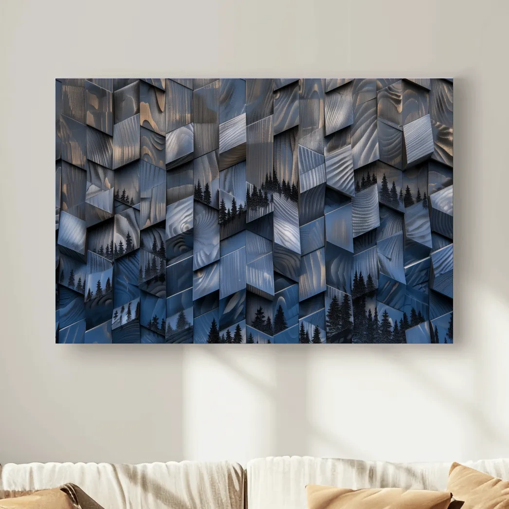 Wood Block Mountain Forest Collage - 3D Effect Abstract Landscape Wall Art