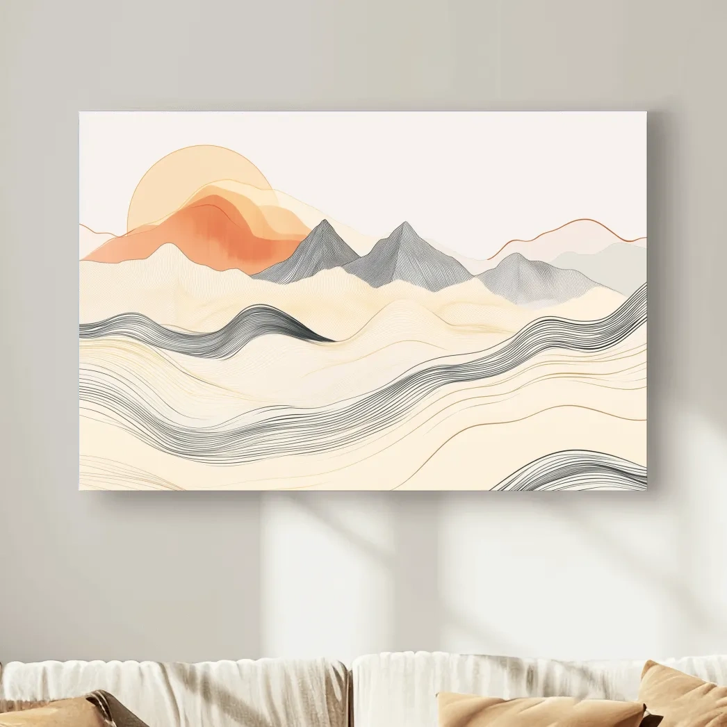 Mountain sunset wall art, abstract lineart illustration