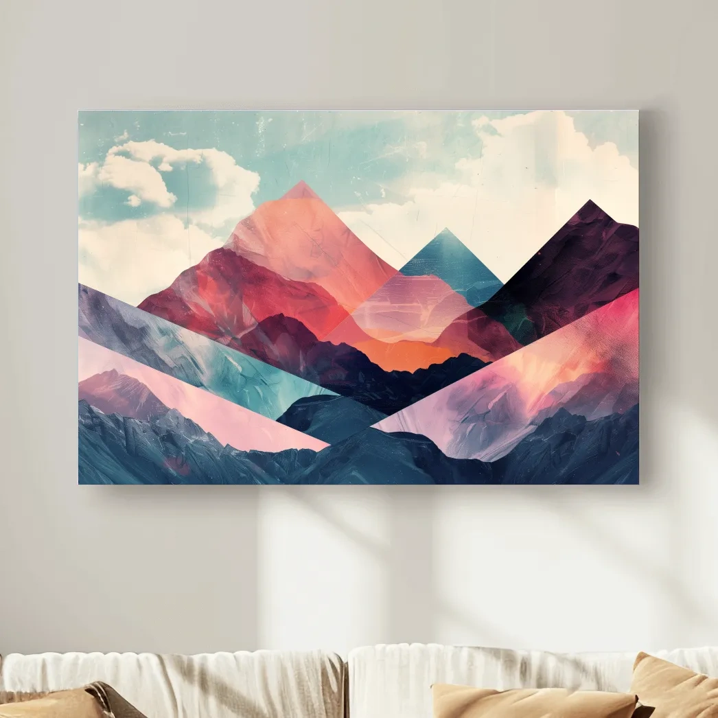 Vibrant colorful mountain wall art, mixed media collage effect