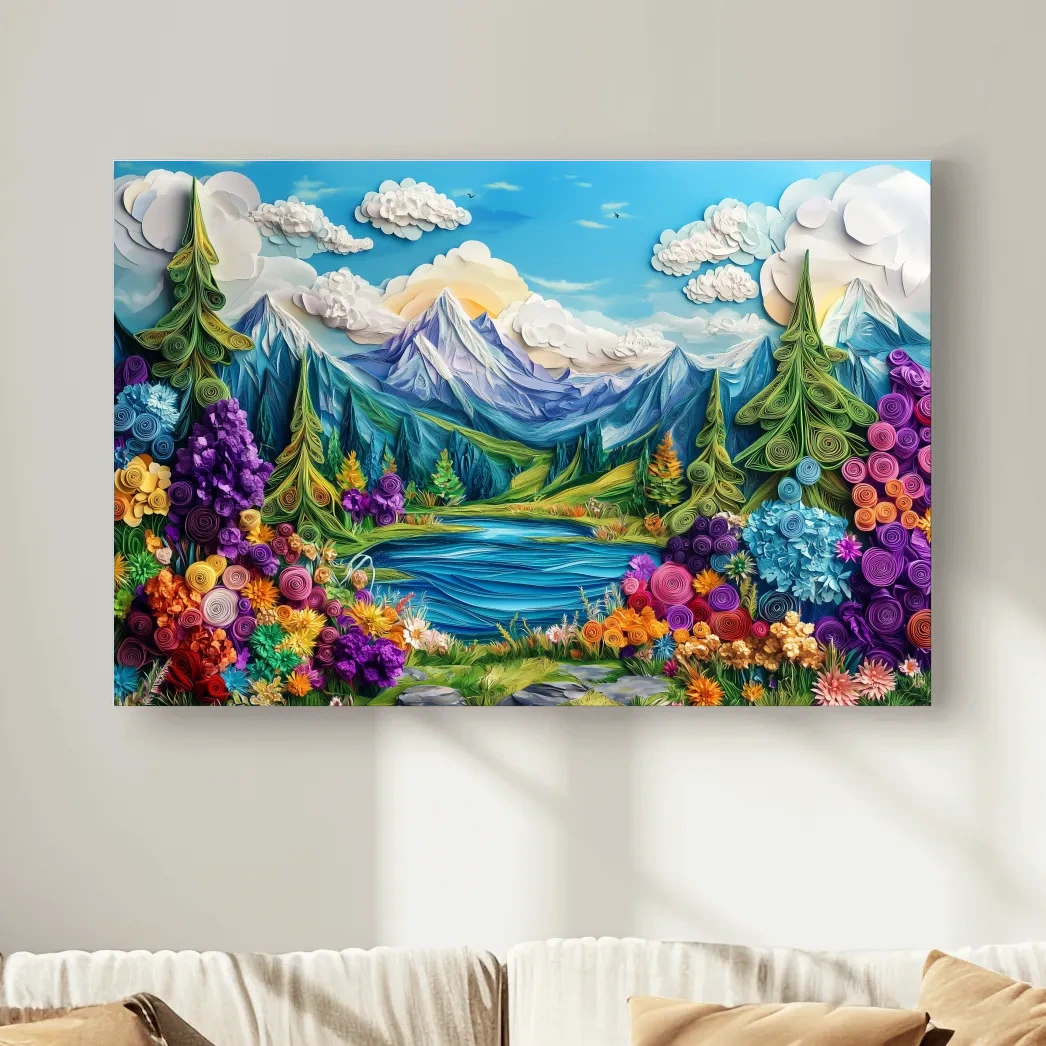 Vibrant alpine meadows artwork, 3D paper quilling effect