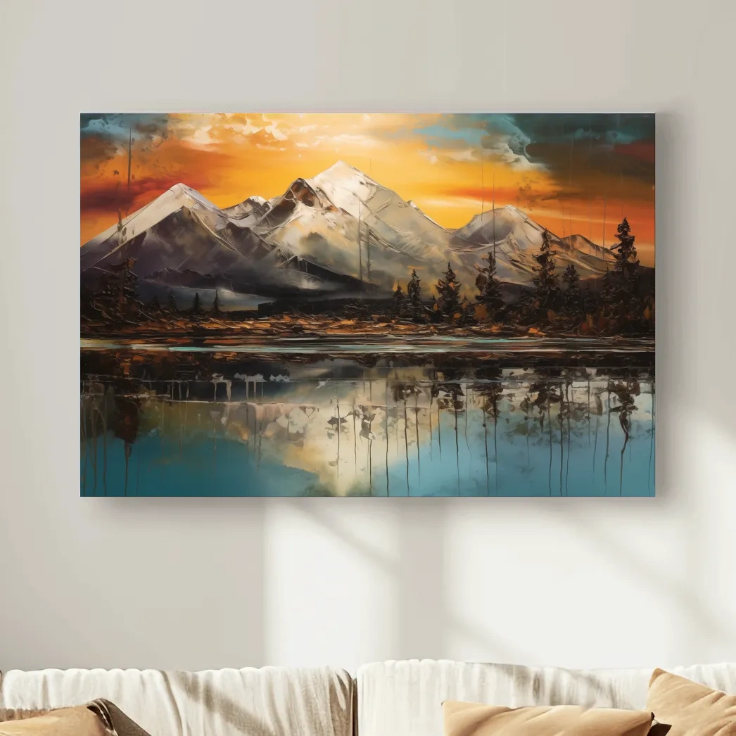 Abstract oil painting of an alpine lake at sunset