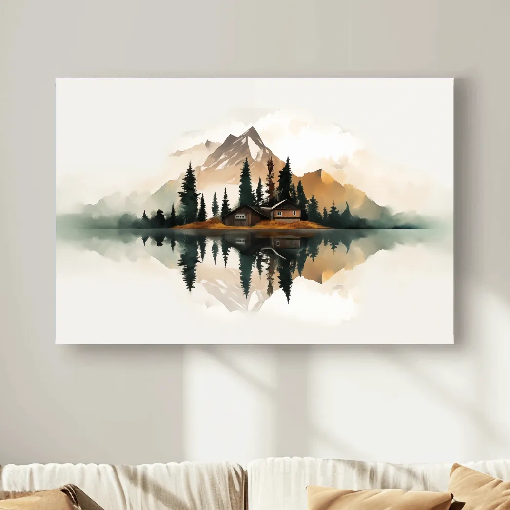 Minimalist Mountain Cabin Lake Reflection - Misty Watercolor Landscape Wall Art