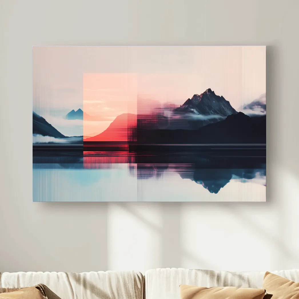 Mountains in the clouds at sunset, glitched wall art effect