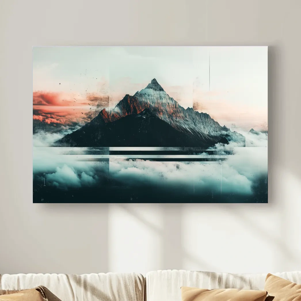 Mountain peak in the clouds at sunset, glitch style artwork