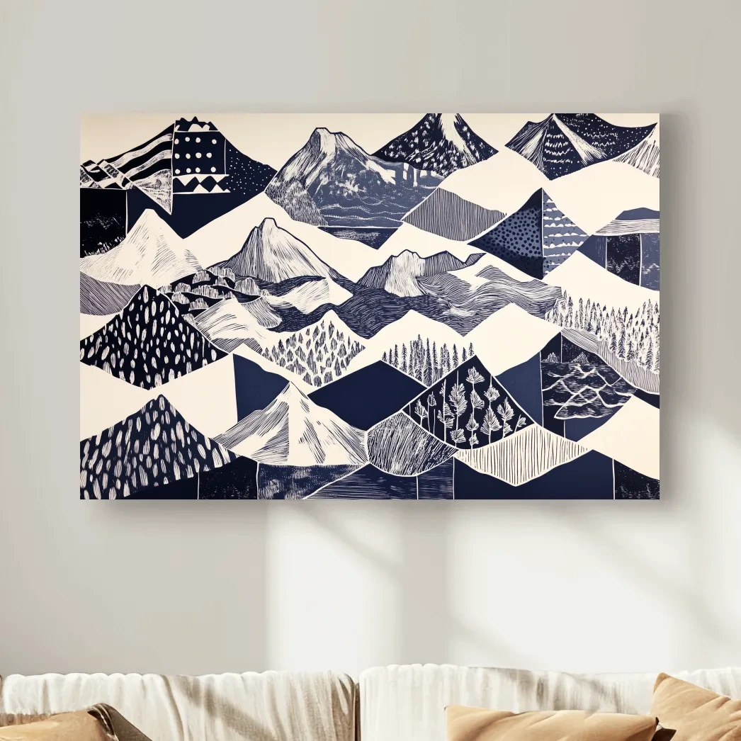 Linocut Patchwork Mountain Range Illustration - Modern Landscape Artwork