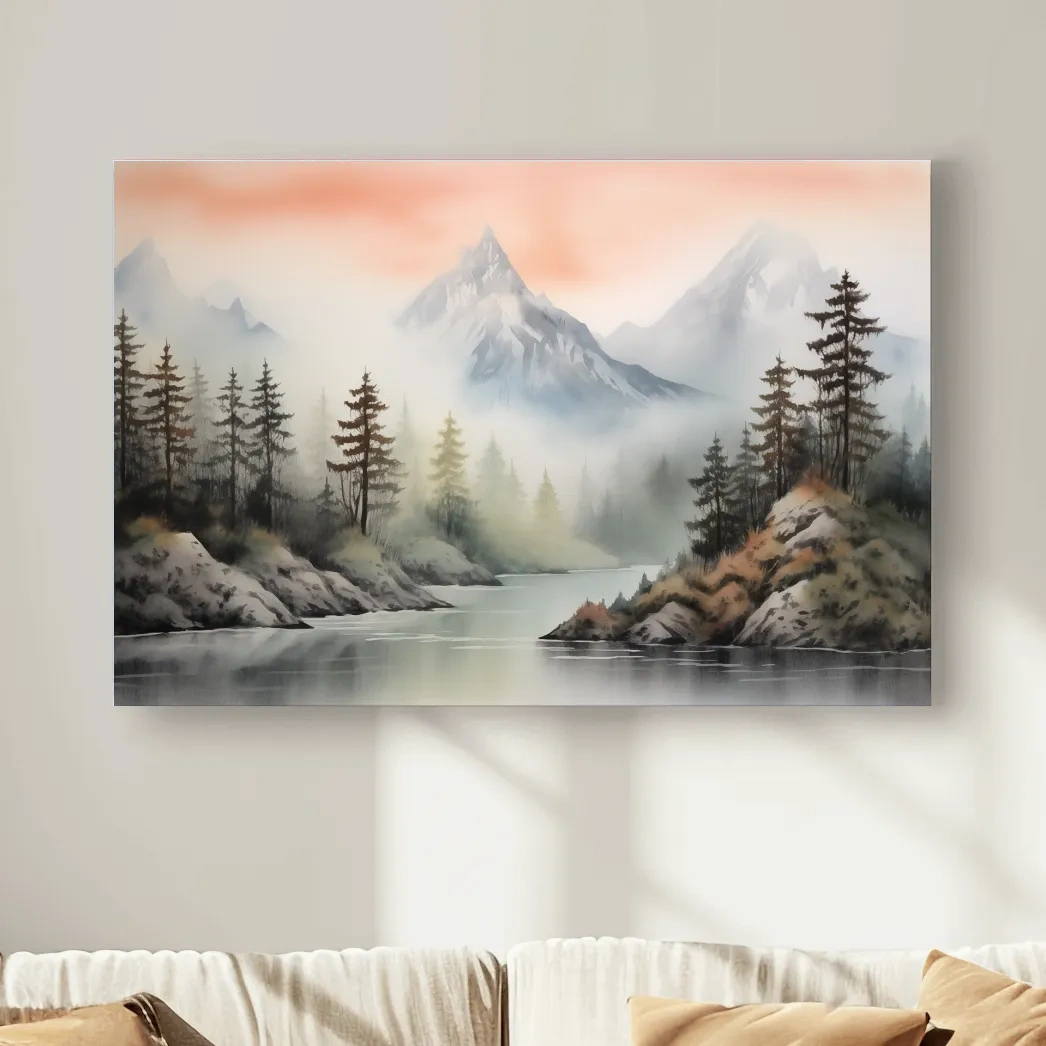 Misty Watercolor Mountain Lake Landscape - Serene Pine Forest Wall Art