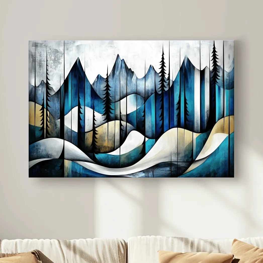 Abstract mountain painting, trees in the alpine, textured effect