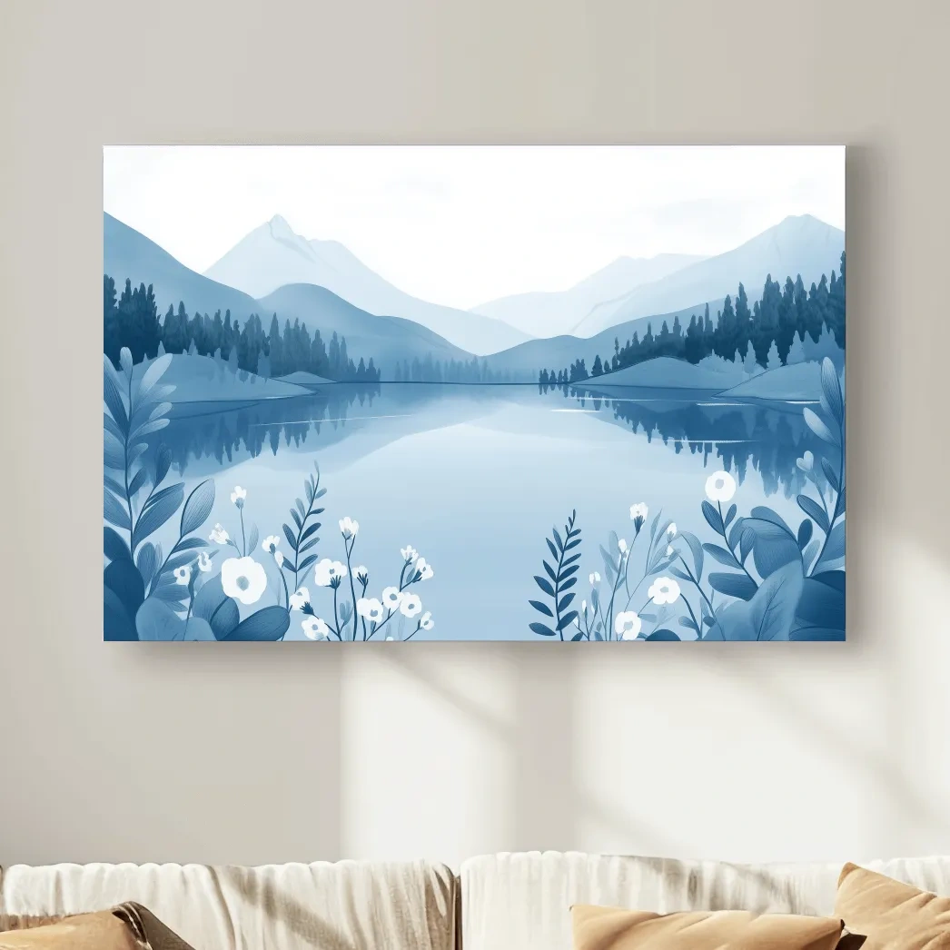 Serene Mountain Lake Illustration - Minimalist Alpine Landscape Wall Art
