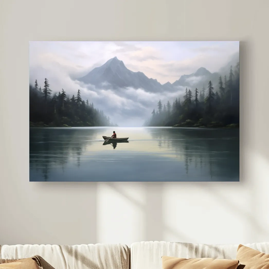 Painting of a person in a canoe on an alpine lake