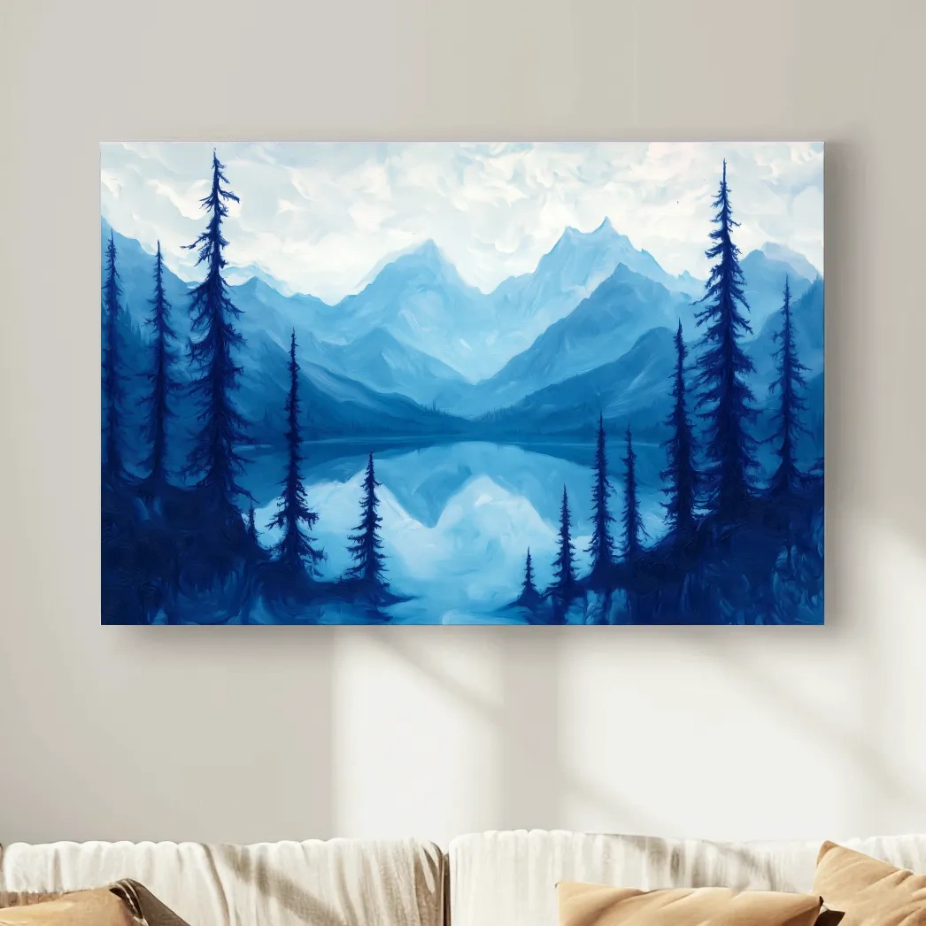 Serene Blue Mountain Lake Oil Painting - Alpine Forest Landscape Artwork