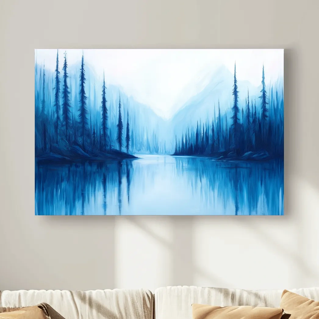 Impressionist style painting of a treelined alpine lake