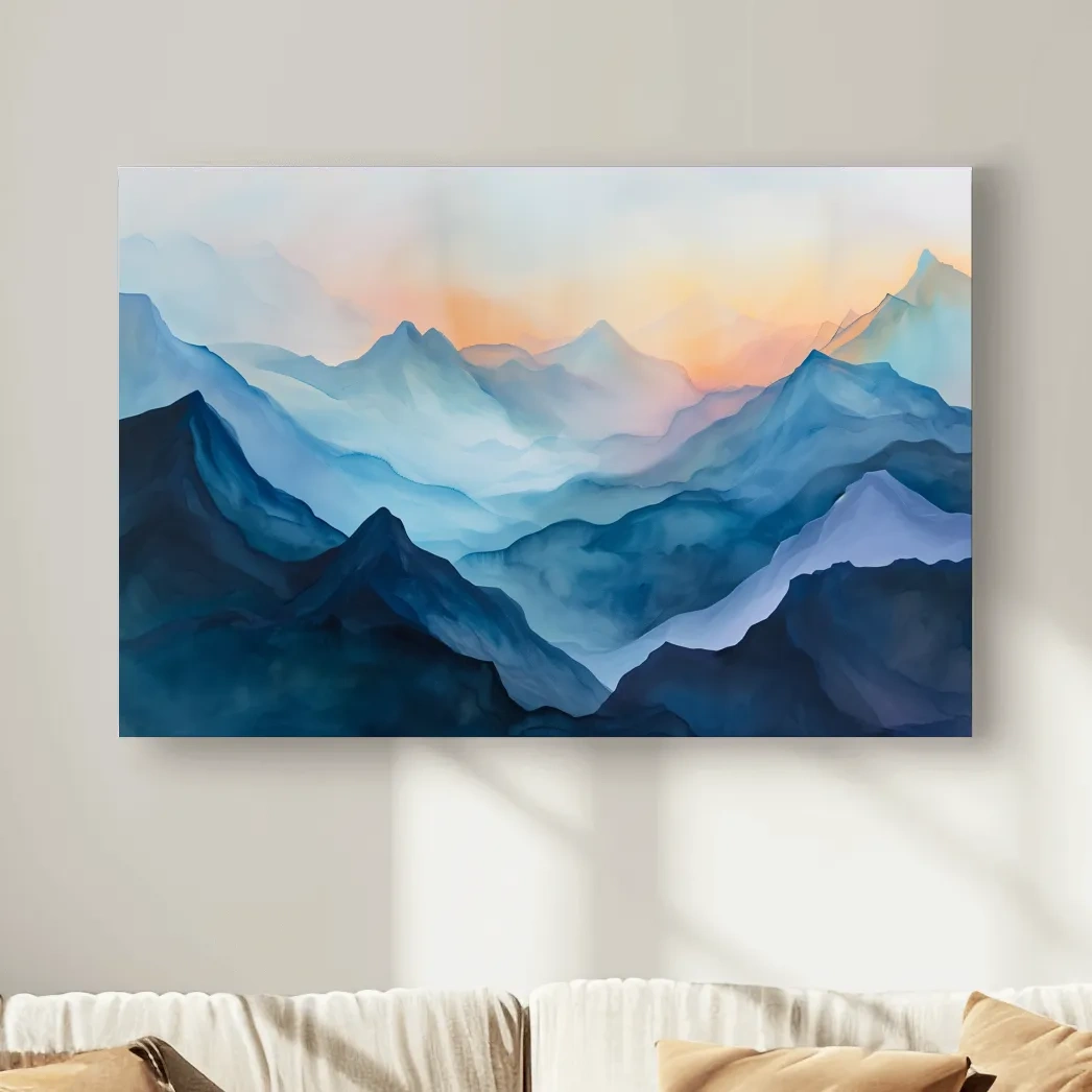 Misty Sunrise Watercolor Mountain Range - Serene Abstract Landscape Wall Art