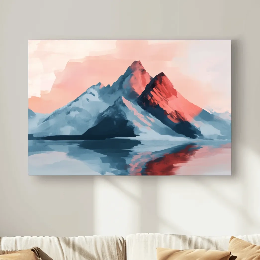 Pastel mountain painting at sunset, glacier reflecting on a lake